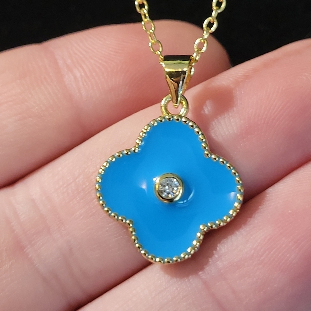 Gold Blue Flower Pendant Necklace CZ Enamel Feminine Coquette Jewelry